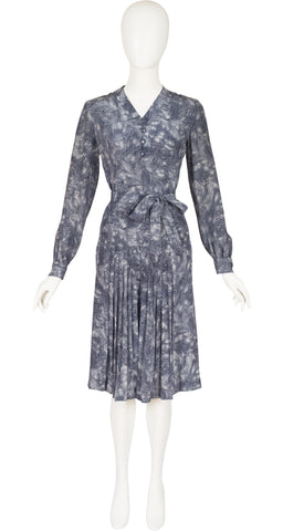 1970s Feather Print Slate Gray Silk Blouse & Skirt Set