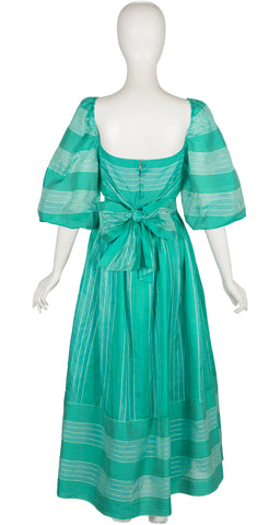 1980s Turquoise Silk Organza Puff Sleeve Gown