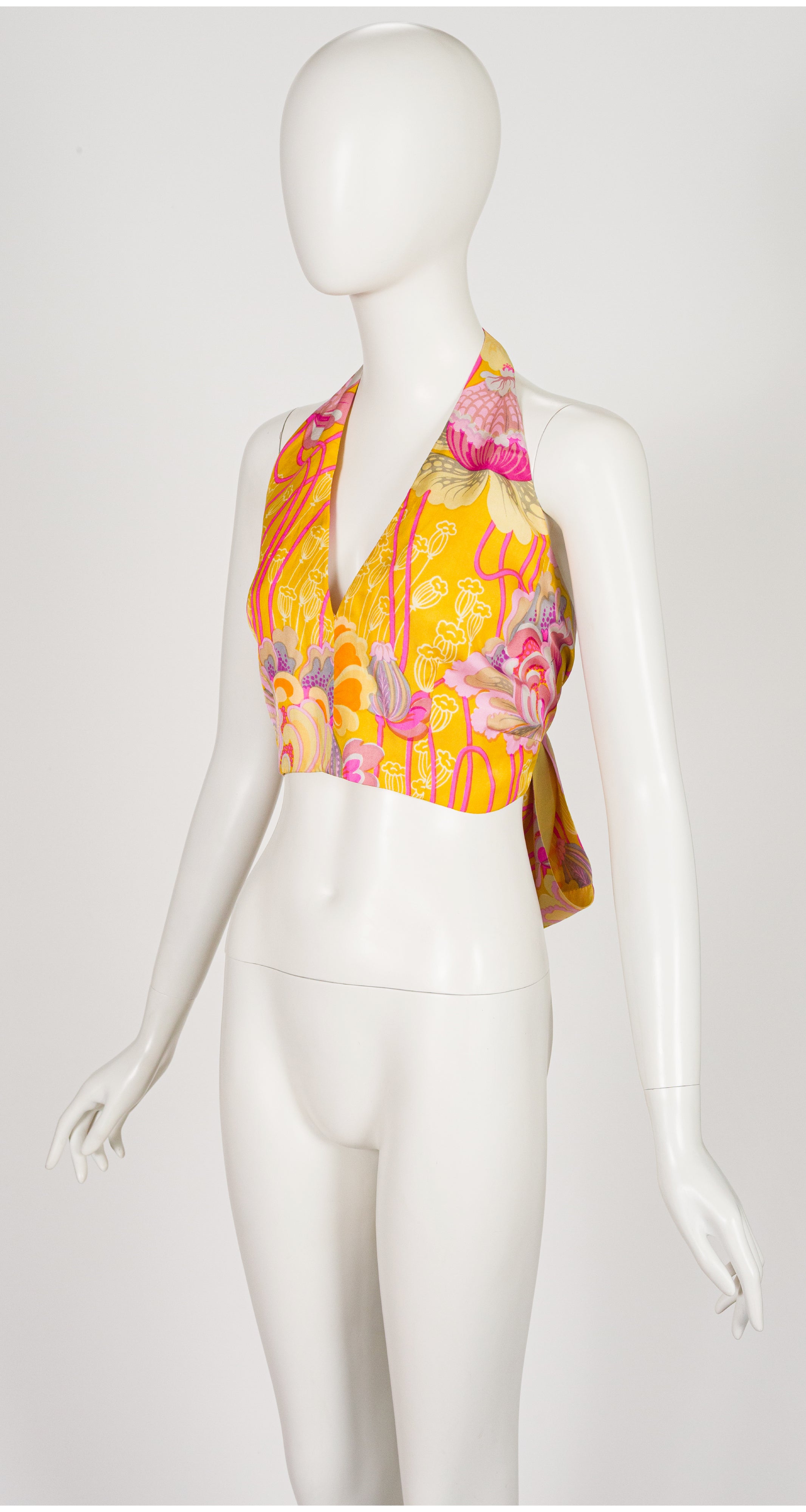 1970s Floral Print Yellow Silk Twill Halter Crop Top