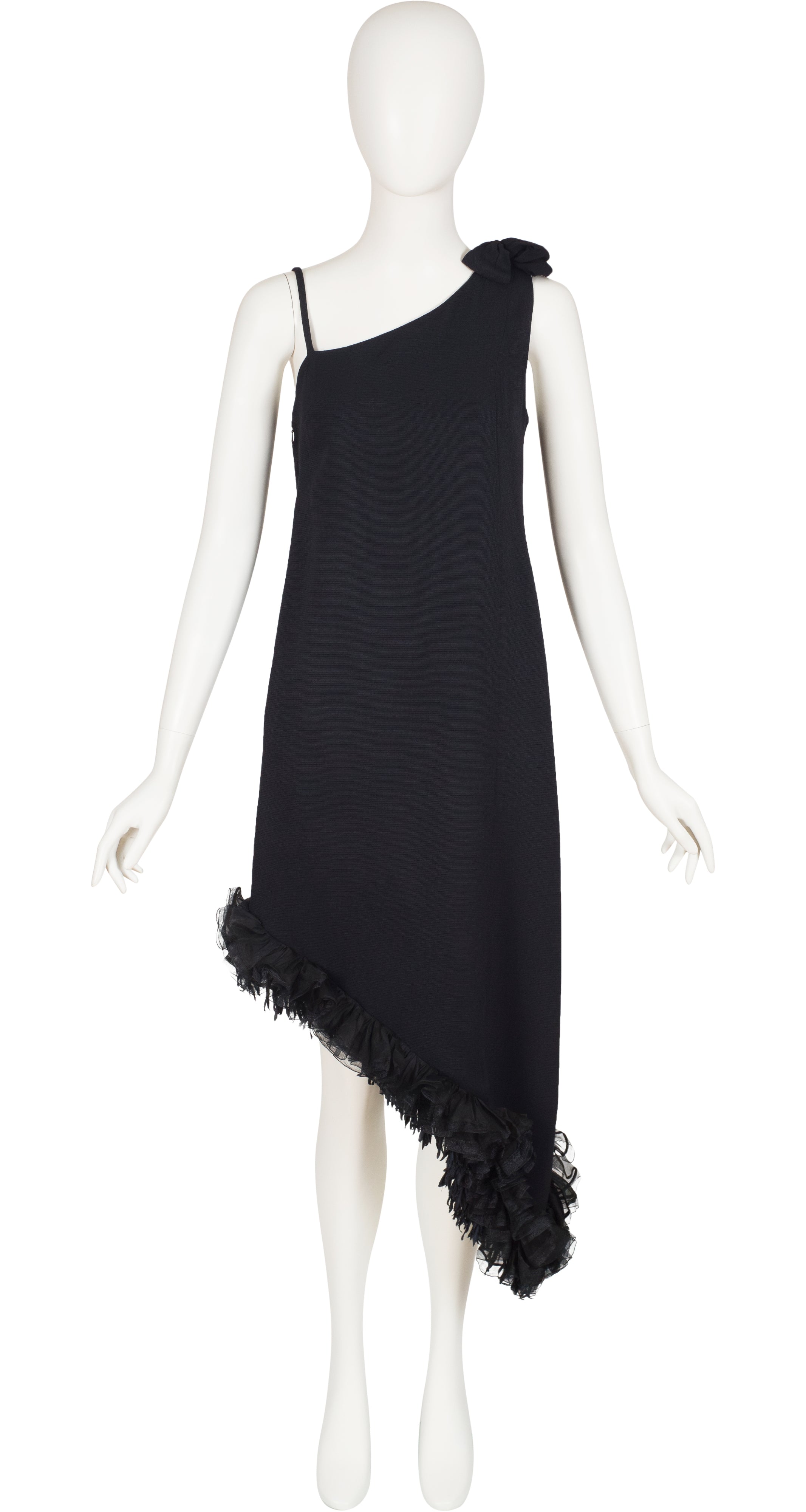 1960s Asymmetrical Black Crepe One-Shoulder Evening Dress