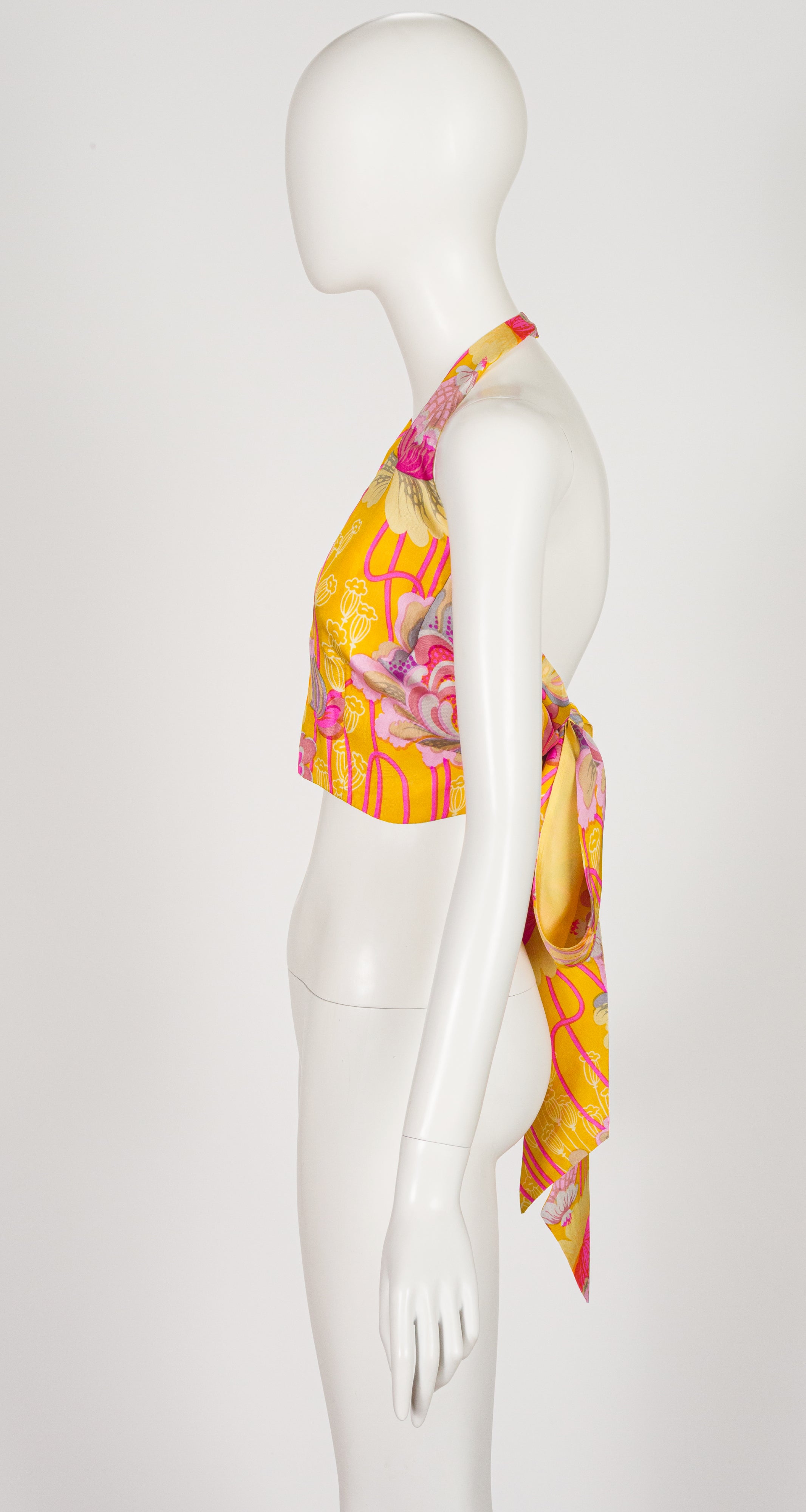 1970s Floral Print Yellow Silk Twill Halter Crop Top