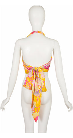 1970s Floral Print Yellow Silk Twill Halter Crop Top