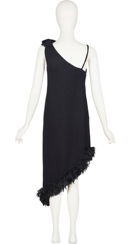 1960s Asymmetrical Black Crepe One-Shoulder Evening Dress