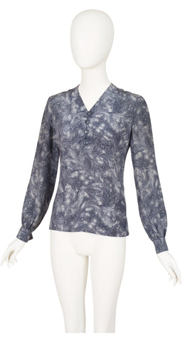 1970s Feather Print Slate Gray Silk Blouse & Skirt Set