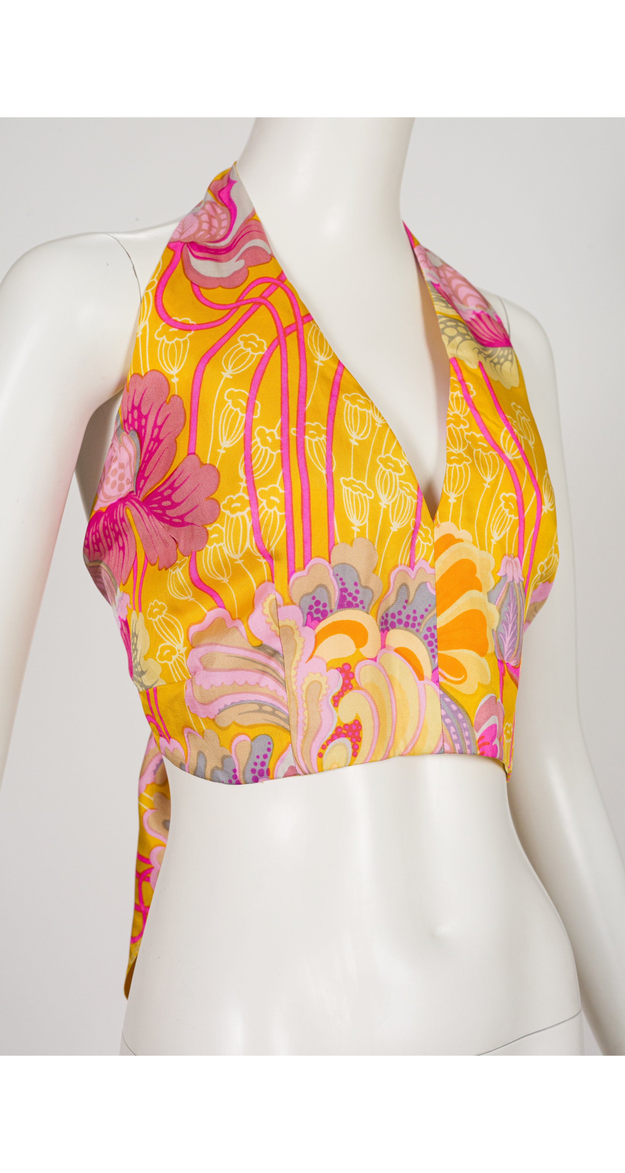 1970s Floral Print Yellow Silk Twill Halter Crop Top