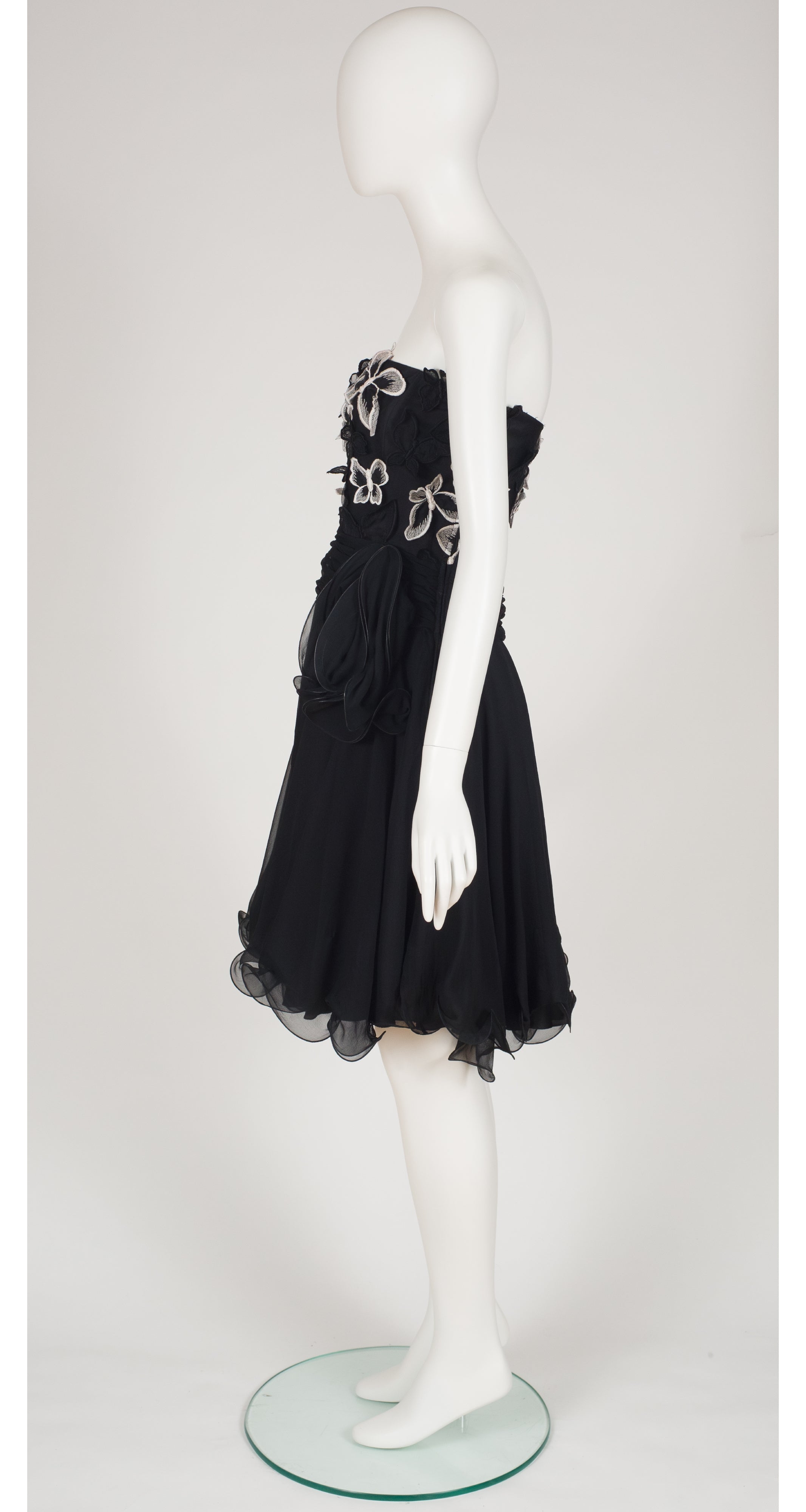 1990s Butterfly Appliqué Black Silk Chiffon Party Dress