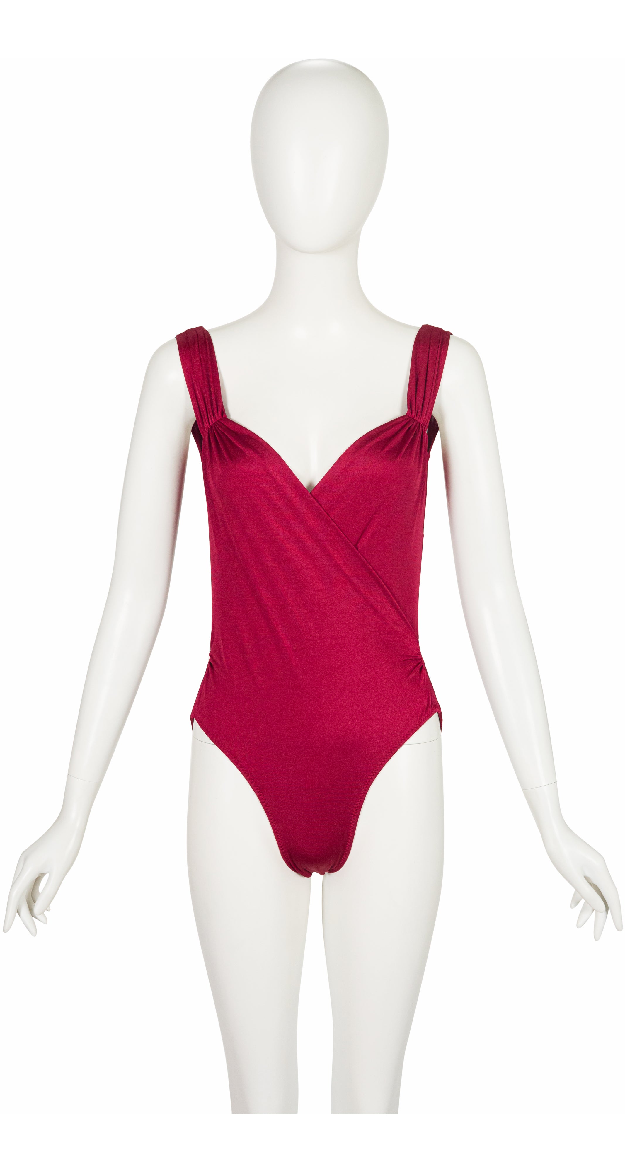 1980s Burgundy Faux Wrap One-Piece Swimsuit