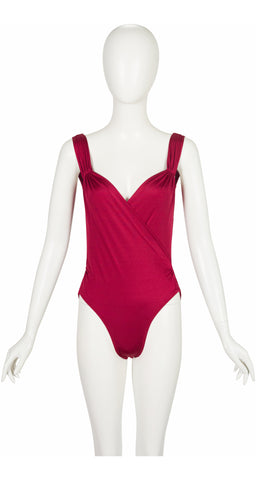1980s Burgundy Faux Wrap One-Piece Swimsuit