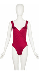 1980s Burgundy Faux Wrap One-Piece Swimsuit
