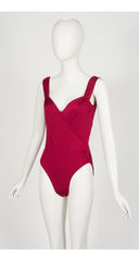 1980s Burgundy Faux Wrap One-Piece Swimsuit