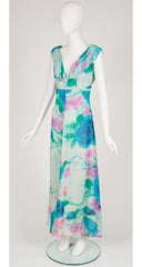 1970s French Floral Silk Chiffon Maxi Dress