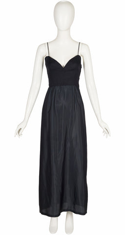 1960s Black Silk Sweetheart Neckline Slip Dress