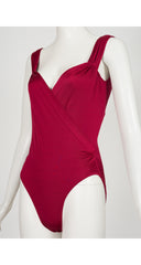 1980s Burgundy Faux Wrap One-Piece Swimsuit