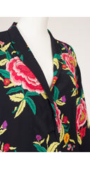 1980s Floral Black Silk Light Jacket & Oversized Tote Bag Set