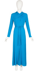 1970s Italian Blue Rayon Jersey Rope Belt Dress