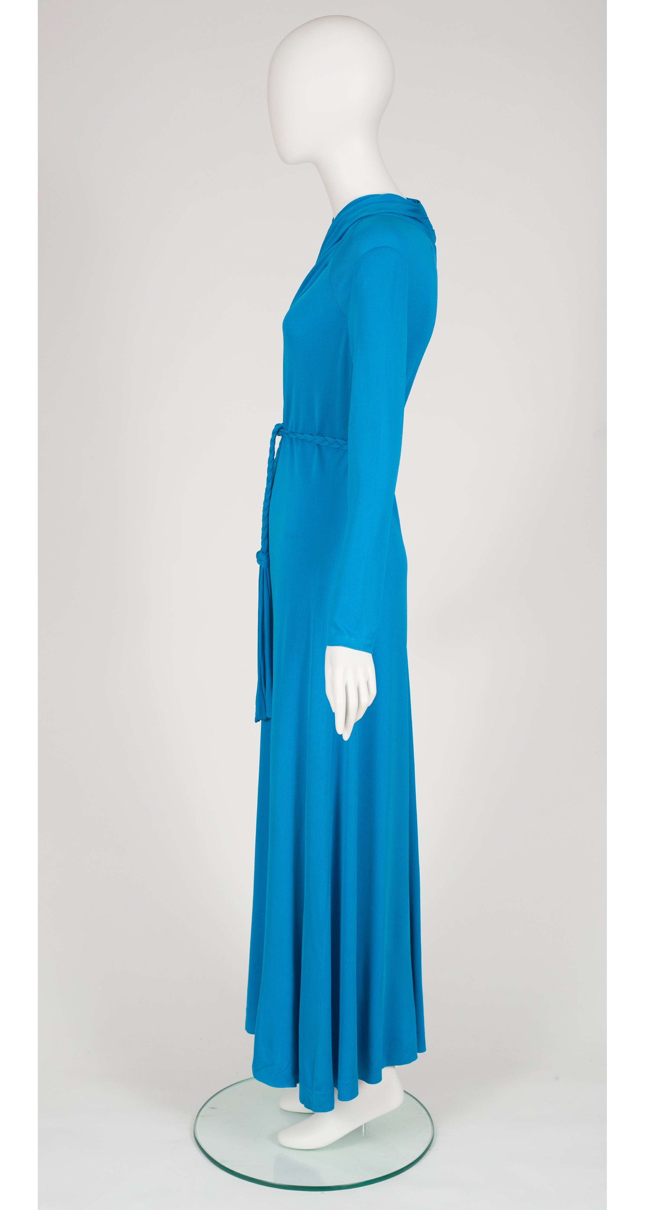 1970s Italian Blue Rayon Jersey Rope Belt Dress