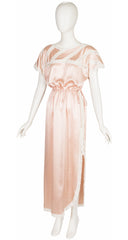 1980s Blush Silk Lace Trim Nightgown & Peignoir Lingerie Set