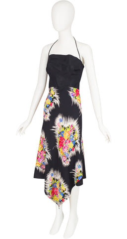1940s Floral Black Silk Halter Dress & Shrug Set