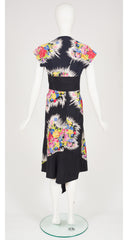 1940s Floral Black Silk Halter Dress & Shrug Set