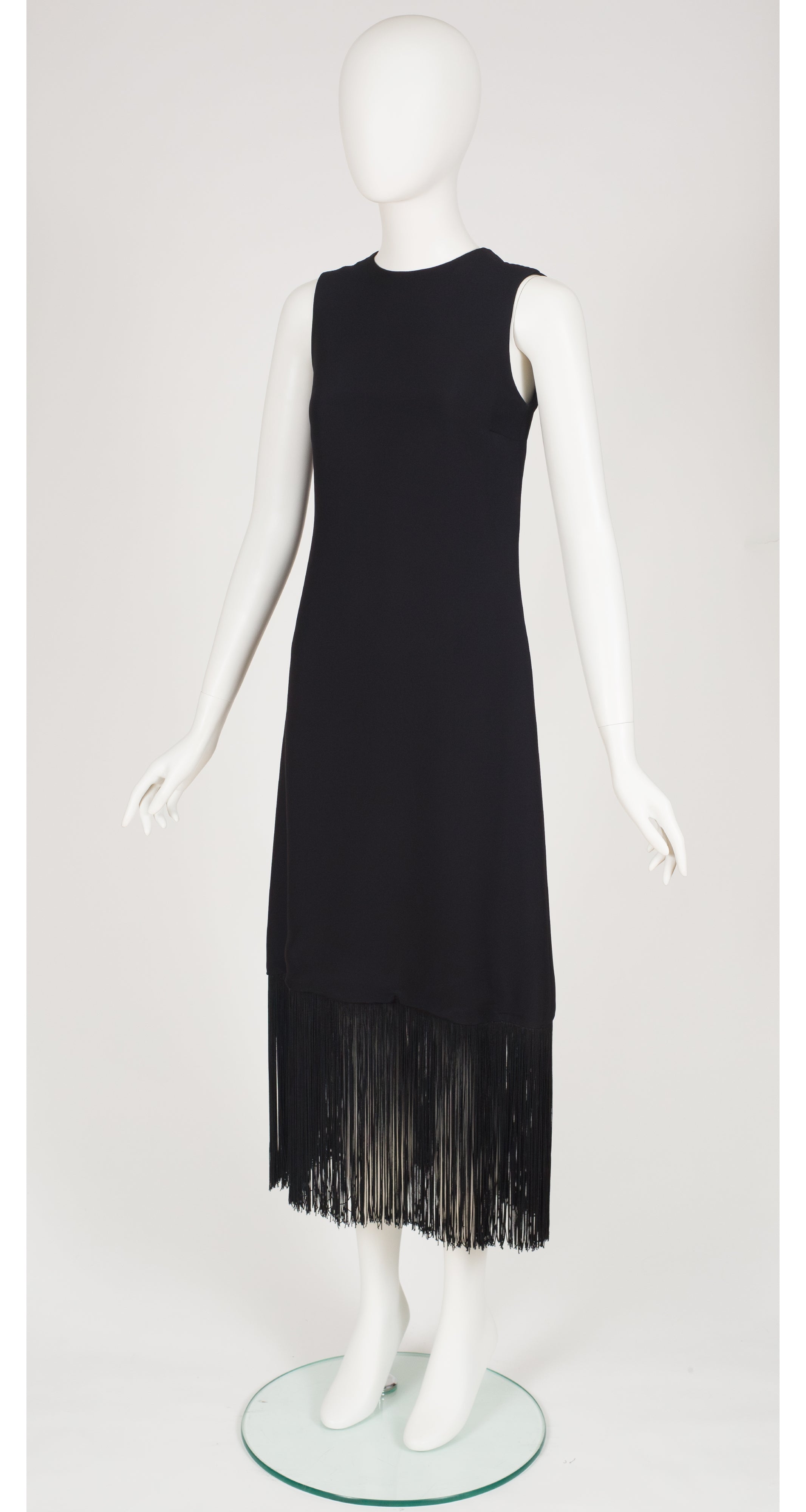 1960s Black Crepe & Fringe Evening Dress