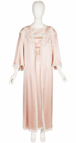 1980s Blush Silk Lace Trim Nightgown & Peignoir Lingerie Set