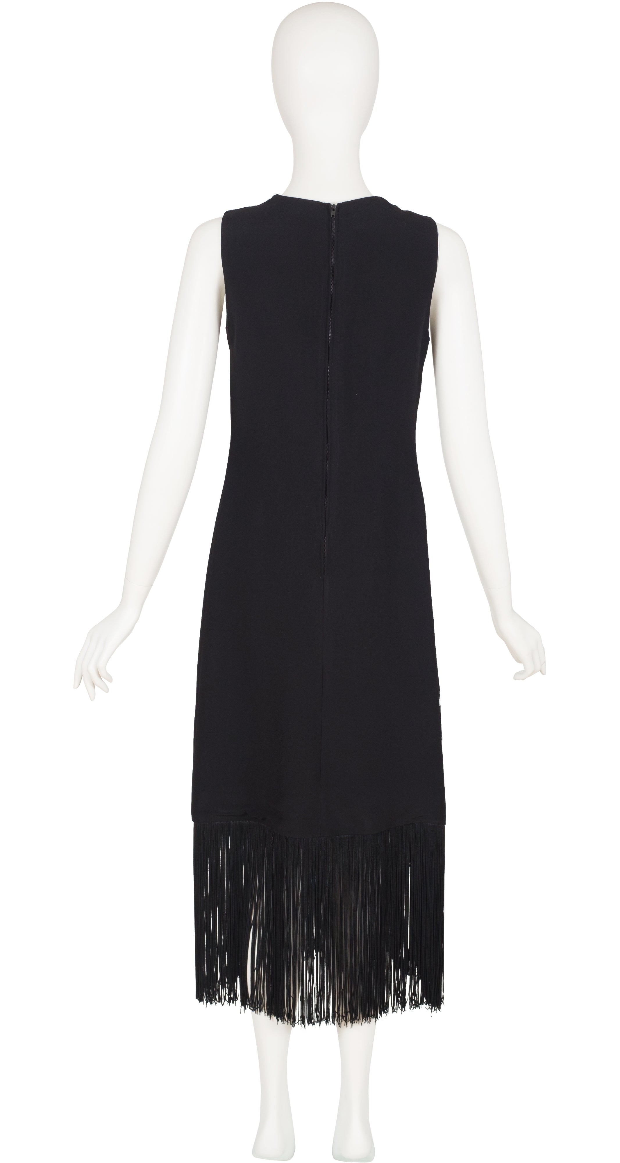 1960s Black Crepe & Fringe Evening Dress