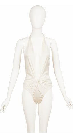 1980s White Plunge Neck One-Piece Swimsuit