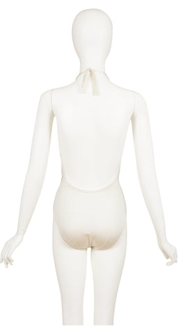 1980s White Plunge Neck One-Piece Swimsuit