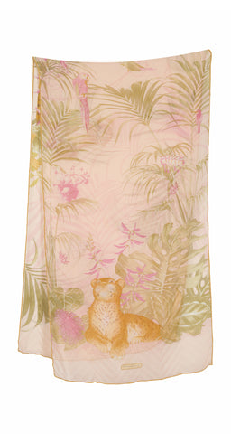 1990s Leopard & Bird Print Pink Silk Chiffon Long Scarf