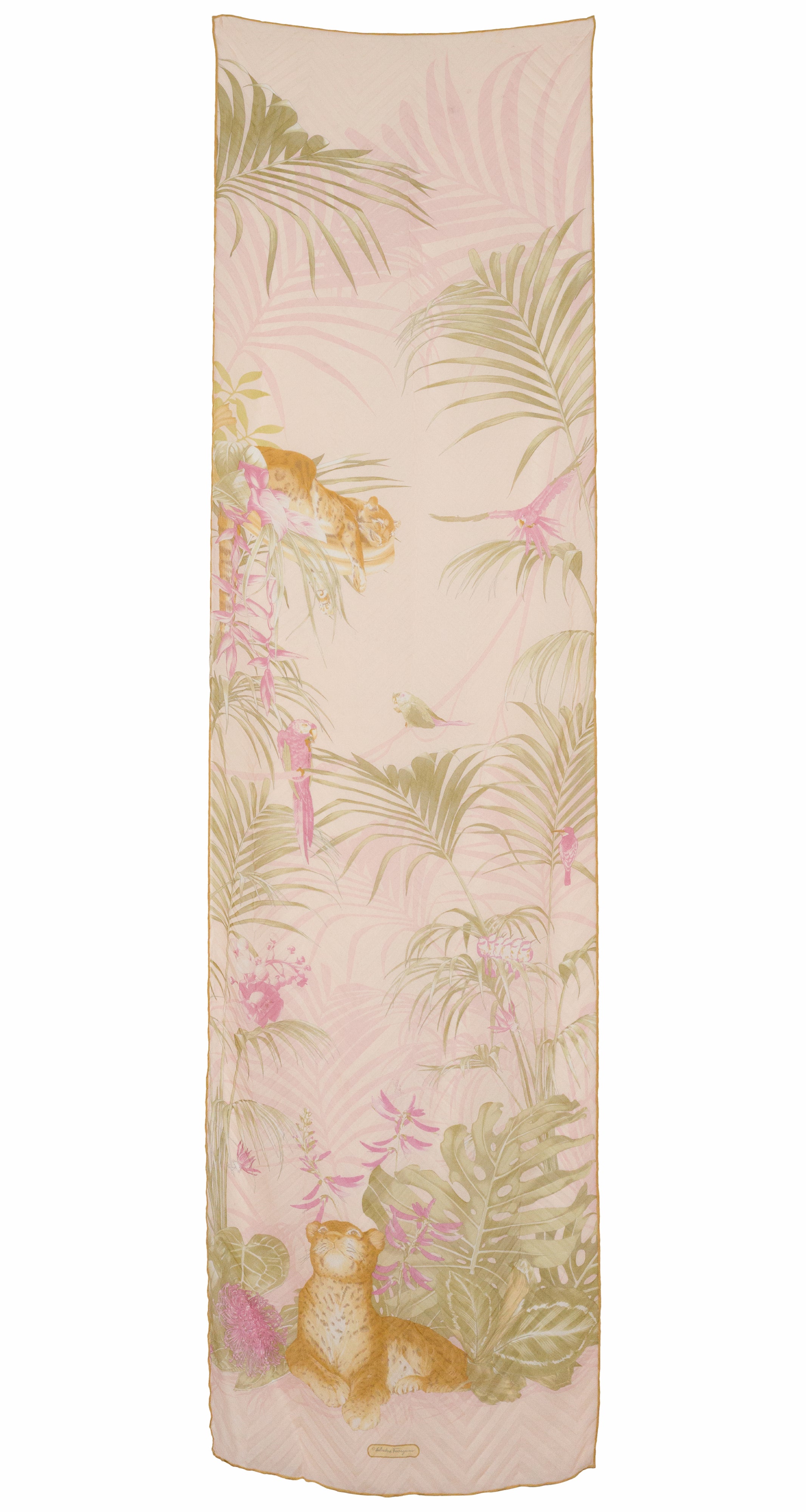 1990s Leopard & Bird Print Pink Silk Chiffon Long Scarf