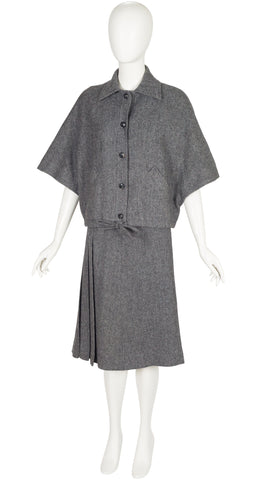 1970s Gray Herringbone Wool Capelet Three-Piece Set