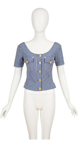 1990s Blue Gingham Cotton Short Sleeve Top