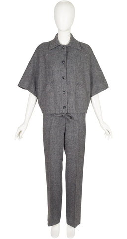 1970s Gray Herringbone Wool Capelet Three-Piece Set
