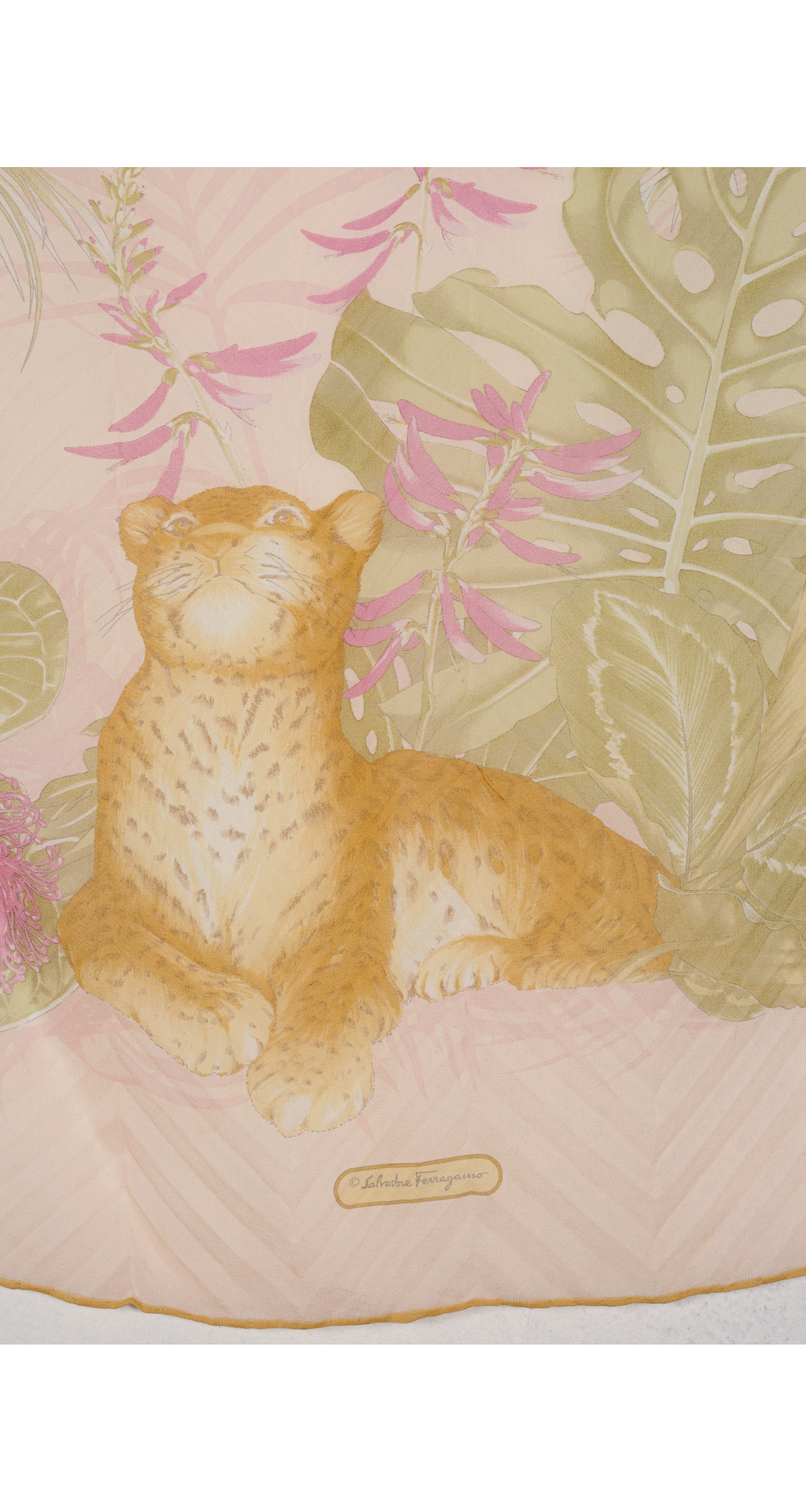1990s Leopard & Bird Print Pink Silk Chiffon Long Scarf