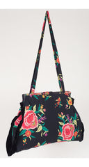 1980s Floral Black Silk Light Jacket & Oversized Tote Bag Set