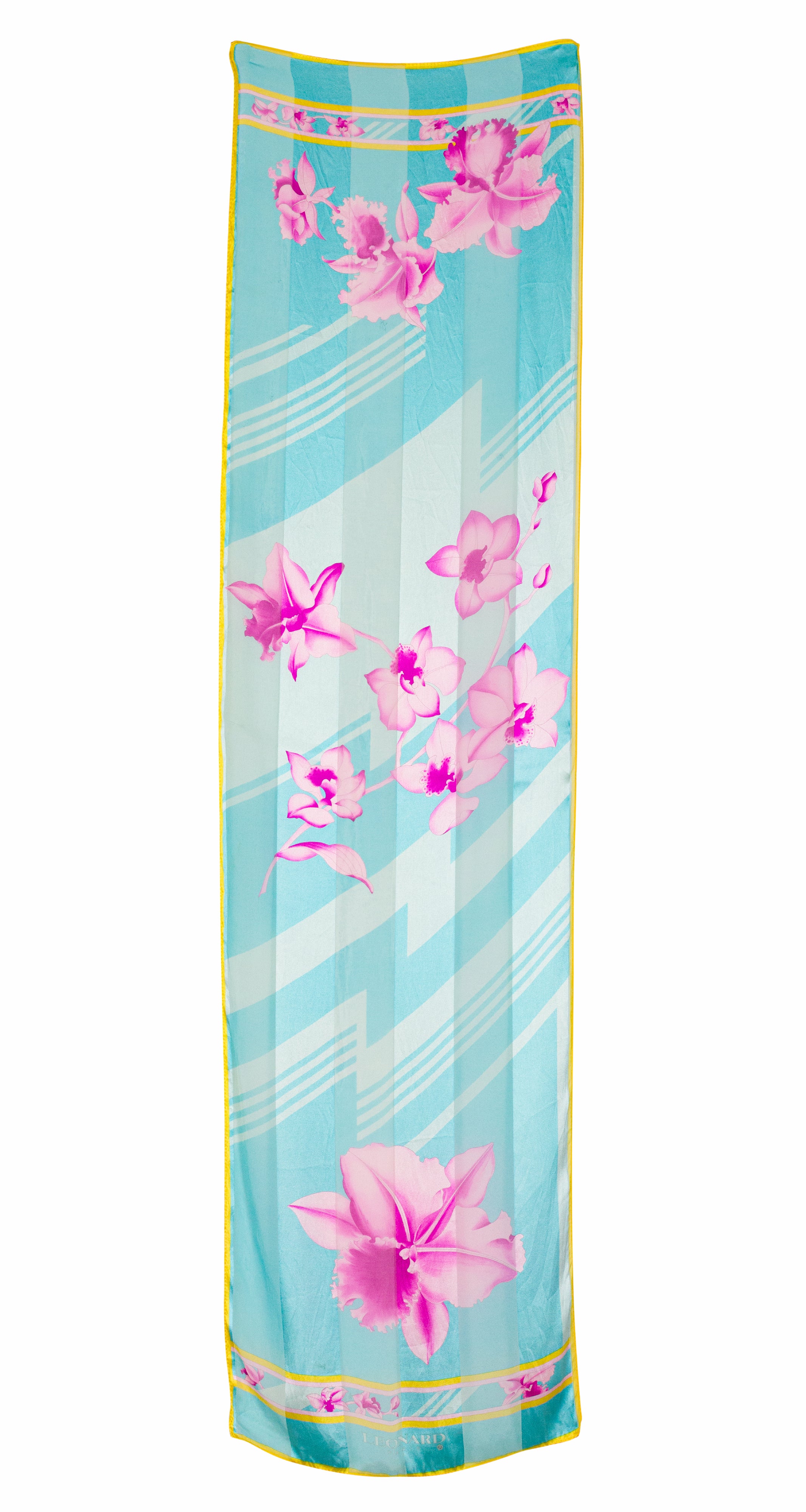 1990s Orchid Zig-Zag Print Blue Silk Long Scarf