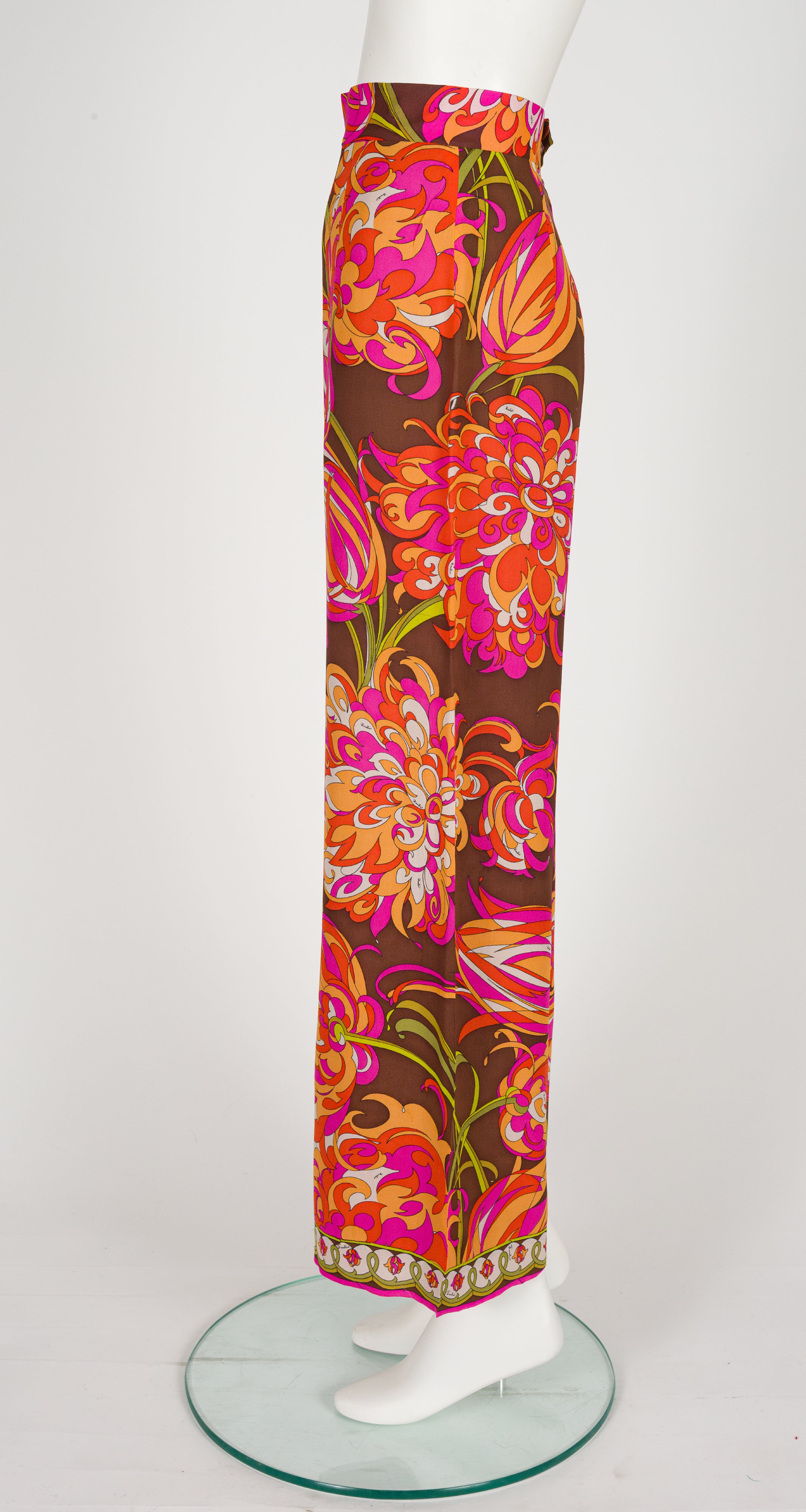 1970s Floral Print Silk Chiffon Wide Leg Pants