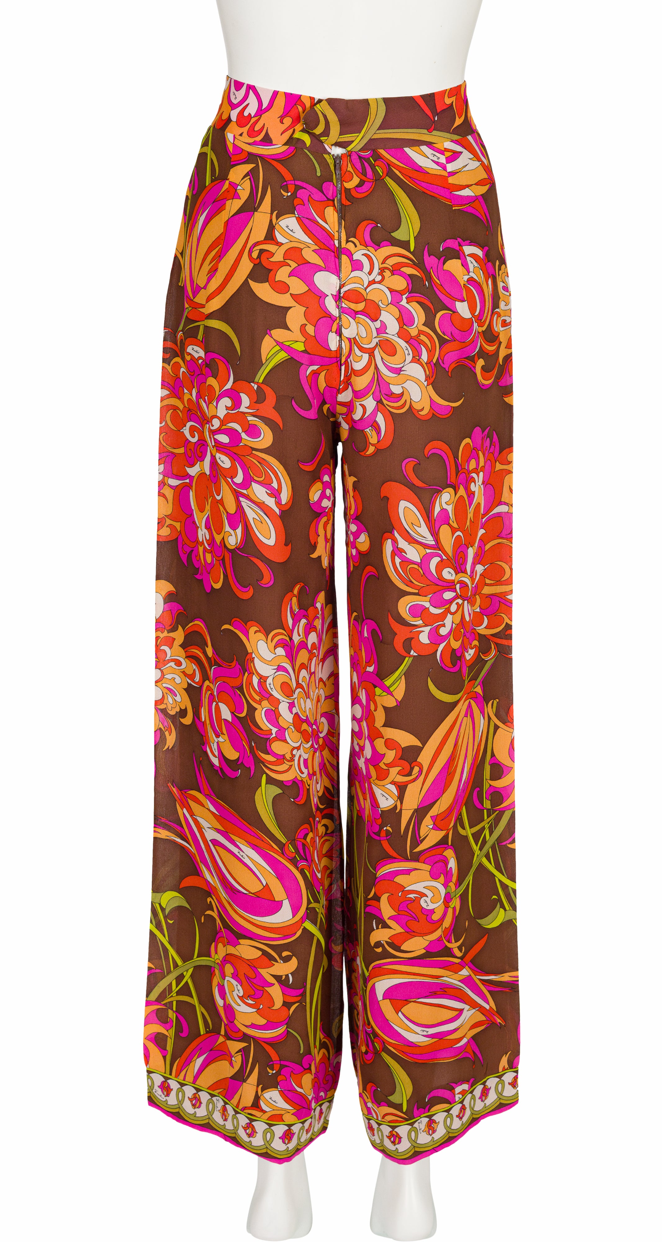 1970s Floral Print Silk Chiffon Wide Leg Pants