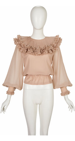 1970s Rose Taupe Pierrot Collar Balloon Sleeve Blouse