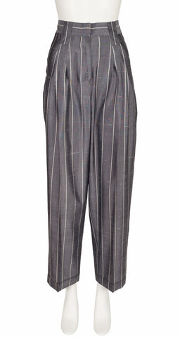 1980s Pinstripe Gray Raw Silk Pleated Trousers