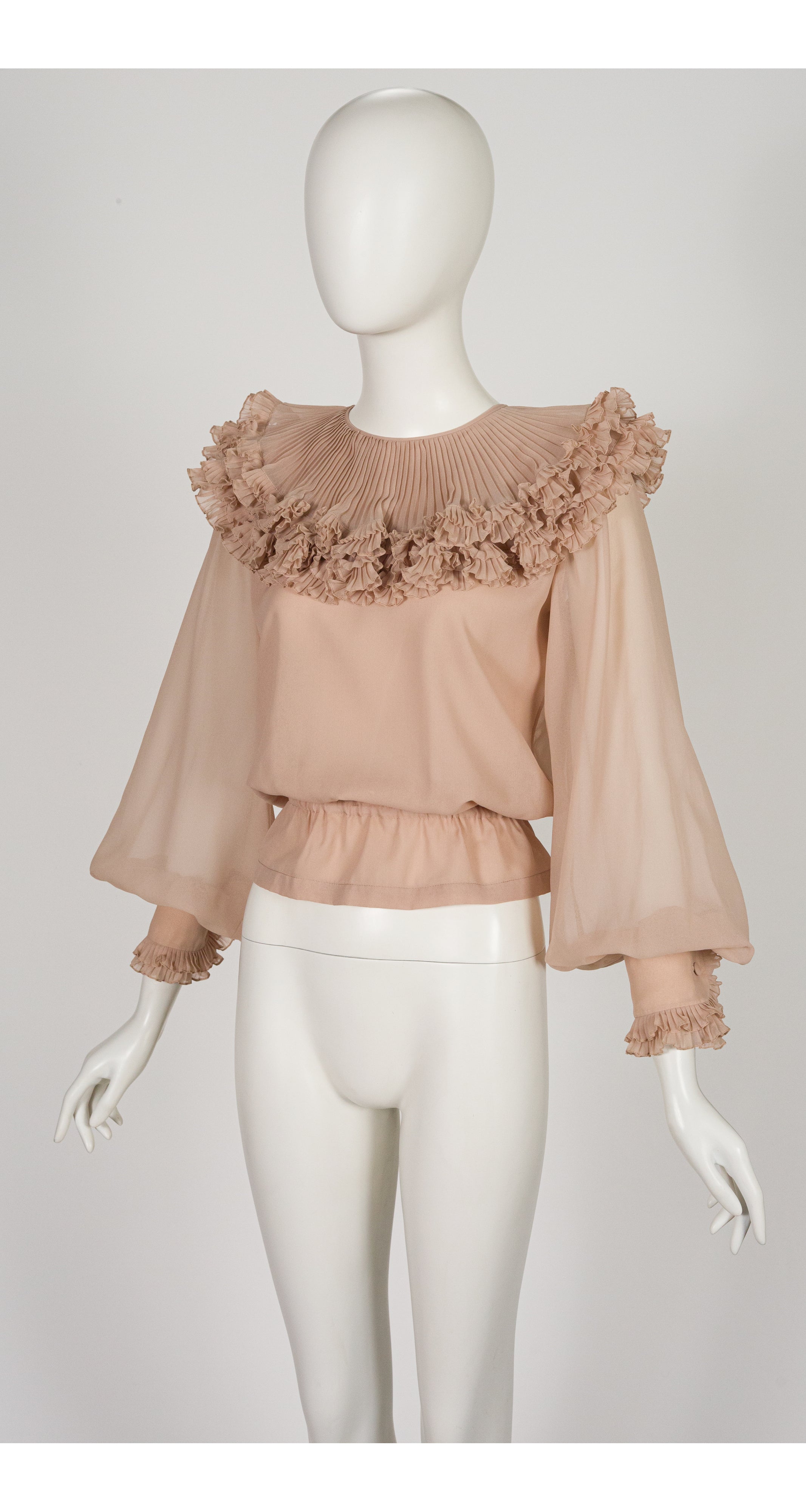 1970s Rose Taupe Pierrot Collar Balloon Sleeve Blouse
