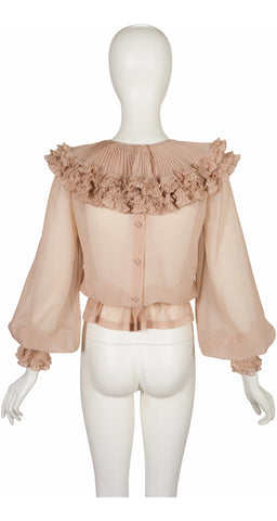 1970s Rose Taupe Pierrot Collar Balloon Sleeve Blouse