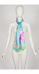 1990s Orchid Zig-Zag Print Blue Silk Long Scarf