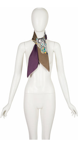 1950s Deity Print Olive & Aubergine Silk Twill Scarf