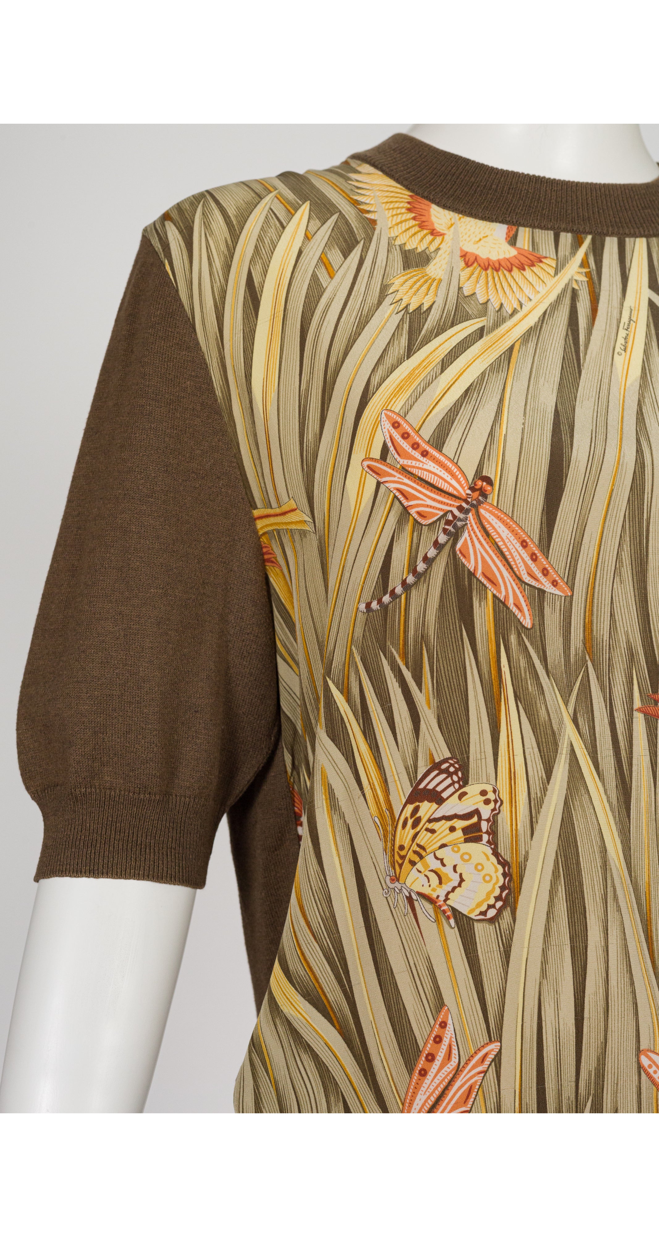 1980s Bird & Insect Print Silk & Cotton Knit Short Sleeve Top