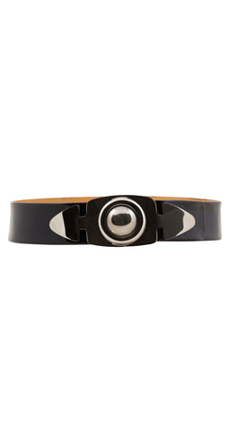 1960s Space Age Silver Buckle Black Patent Leather Belt