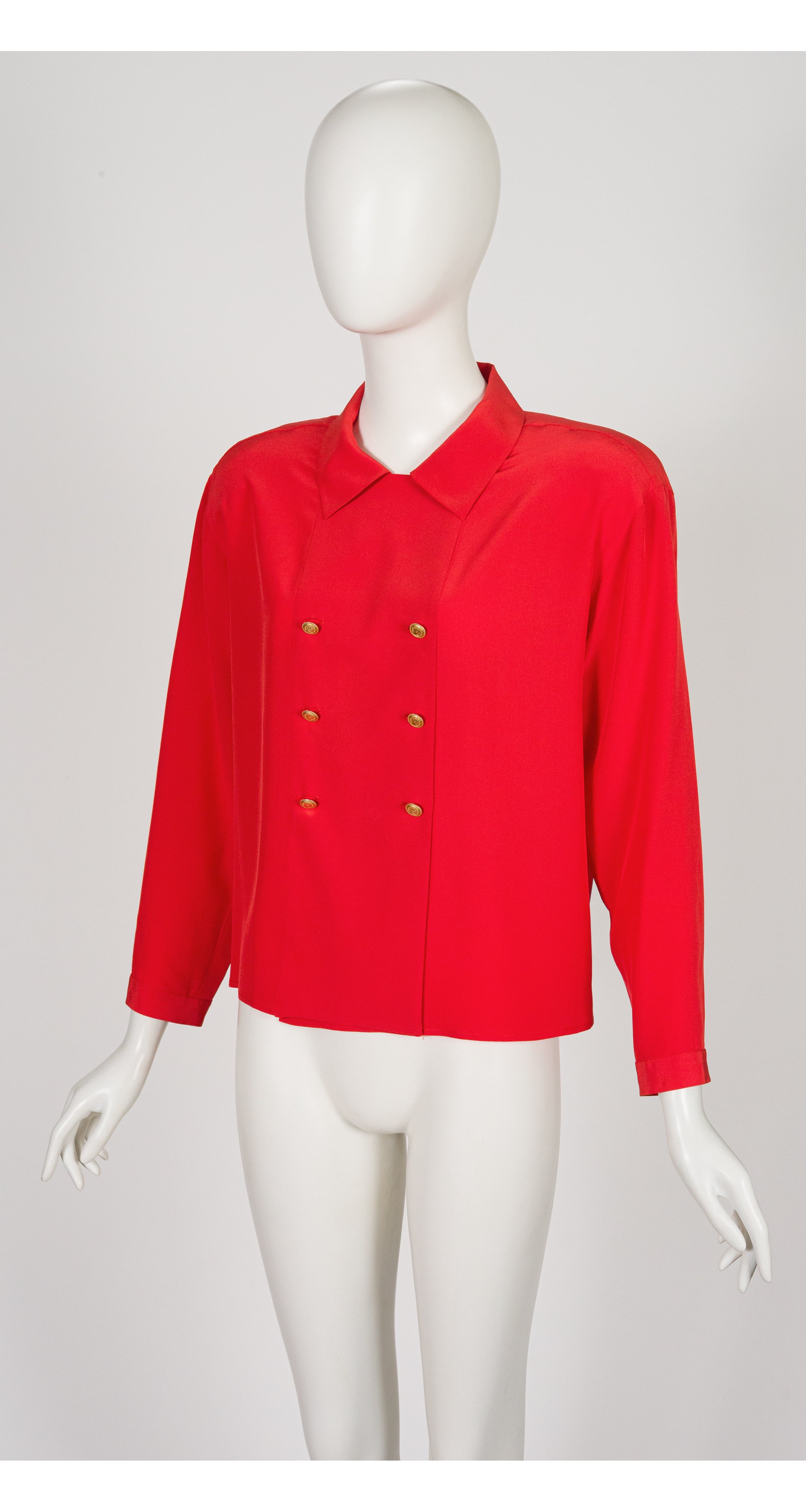 1986 S/S Red Silk Double-Breasted Collared Blouse