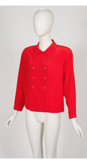 1986 S/S Red Silk Double-Breasted Collared Blouse