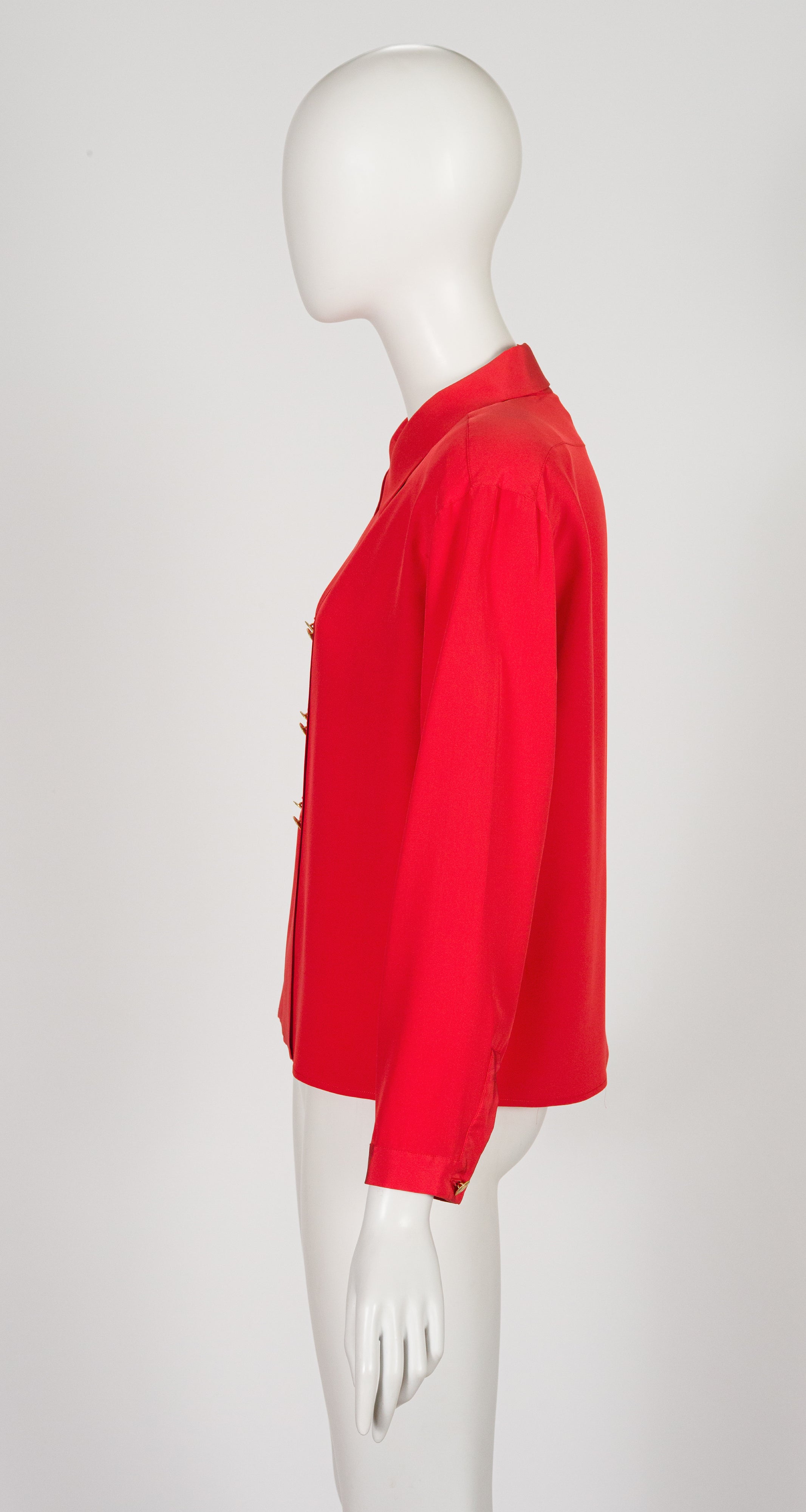 1986 S/S Red Silk Double-Breasted Collared Blouse