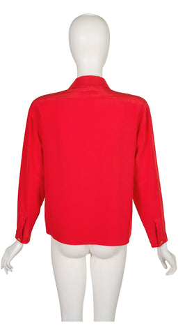 1986 S/S Red Silk Double-Breasted Collared Blouse